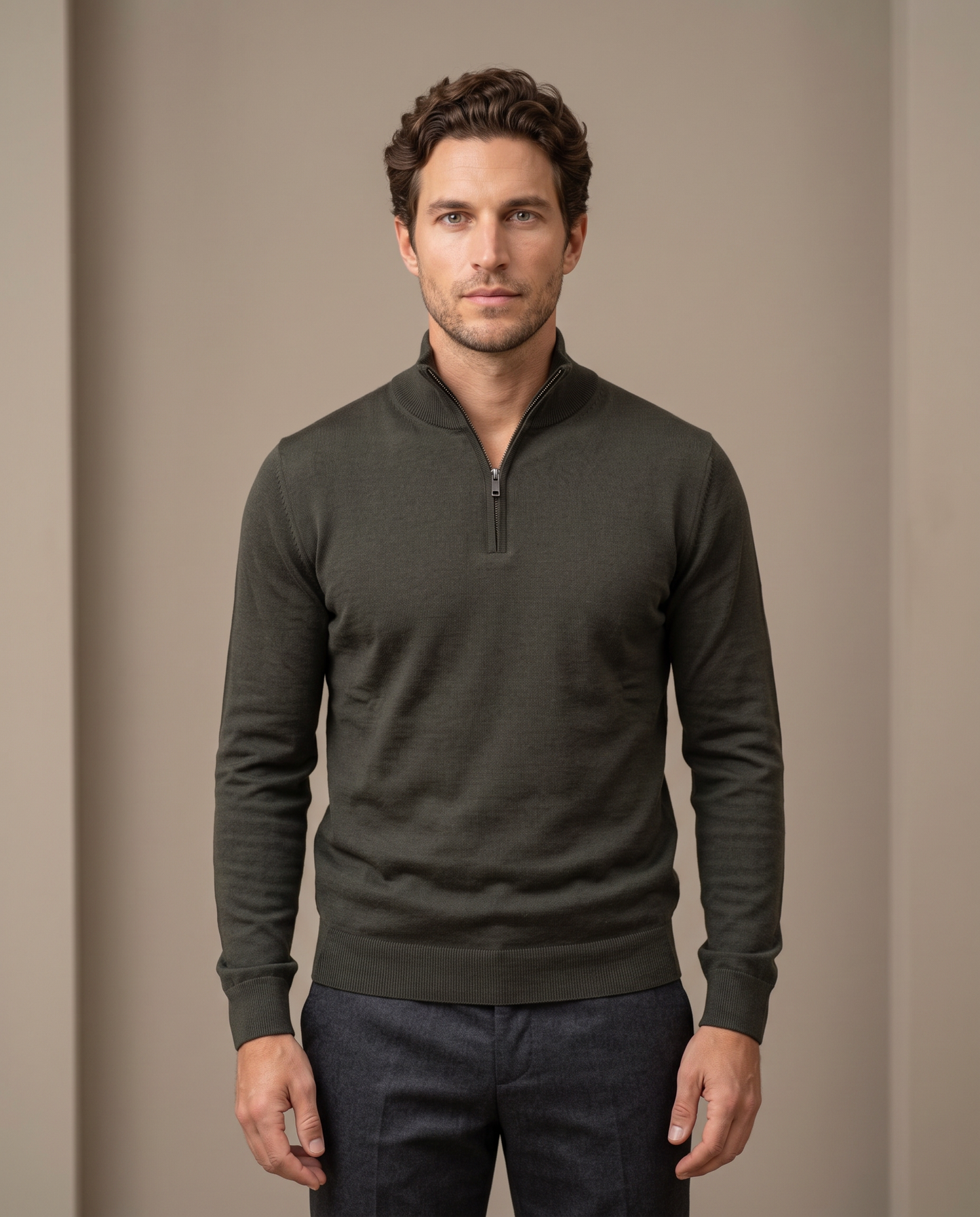 Duomos half-zip-dzemper maslinasta - model prednja
