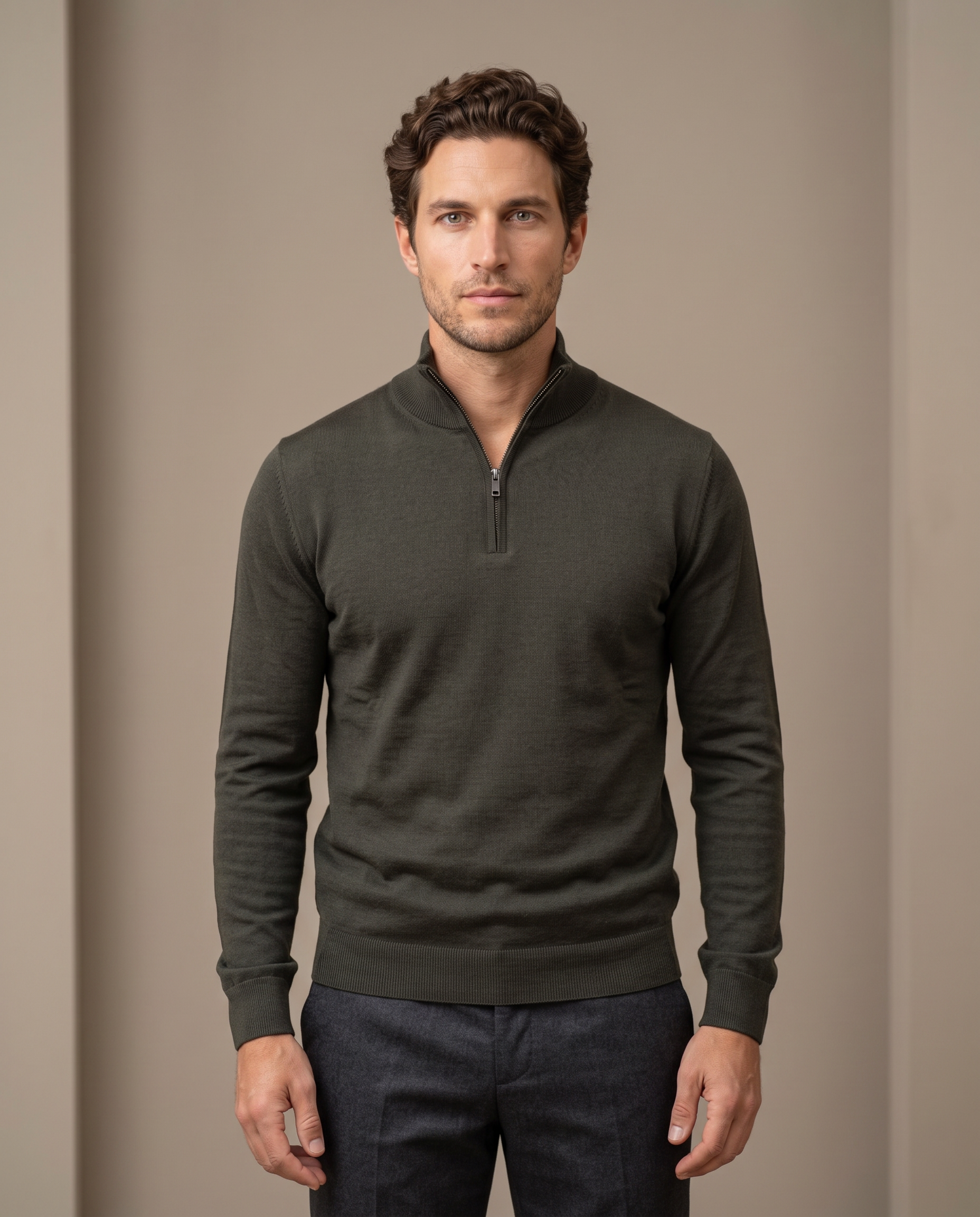 Duomos half-zip-dzemper maslinasta - model prednja